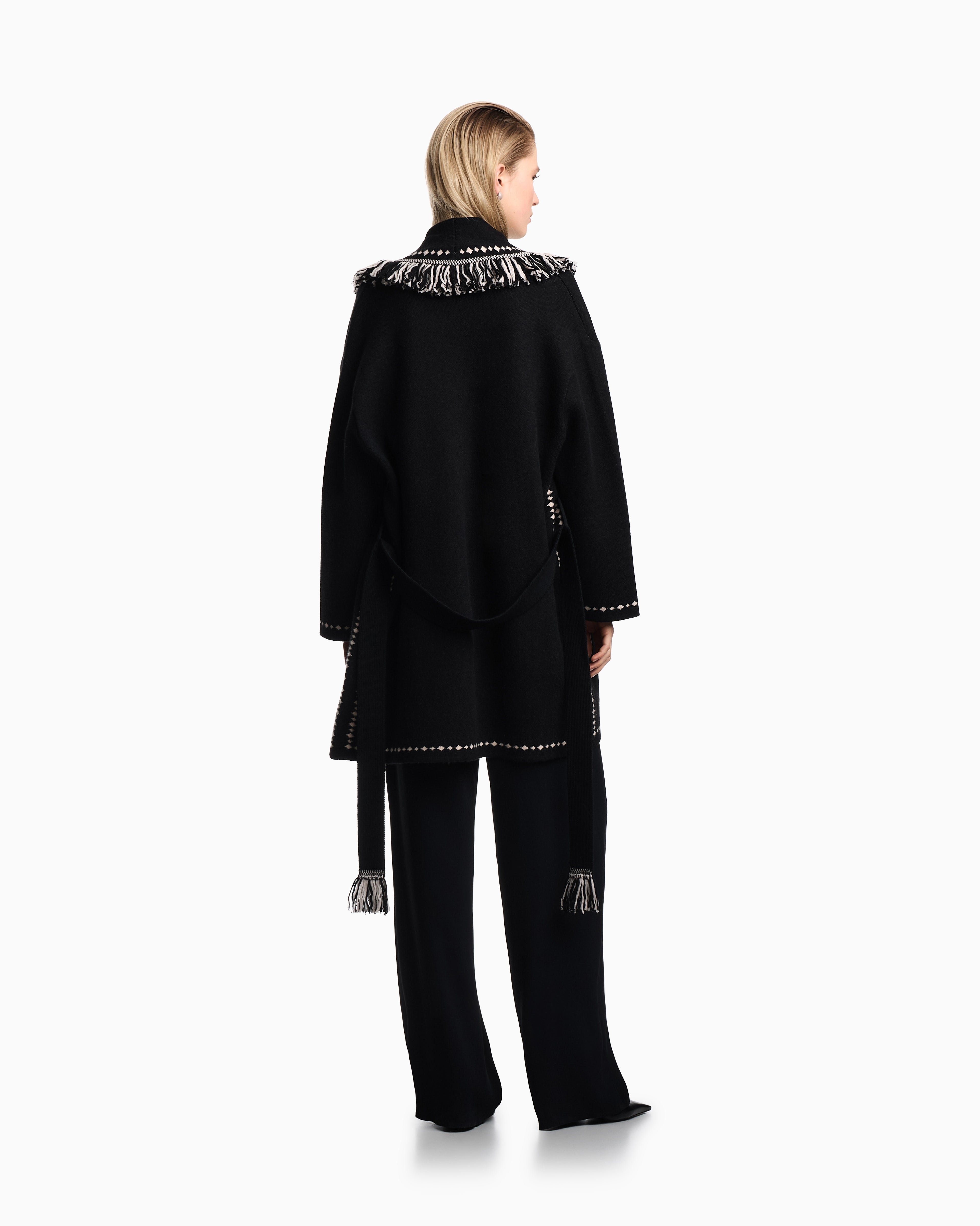Emporio Armani Oversized cardigan with fringed edges and jacquard motif