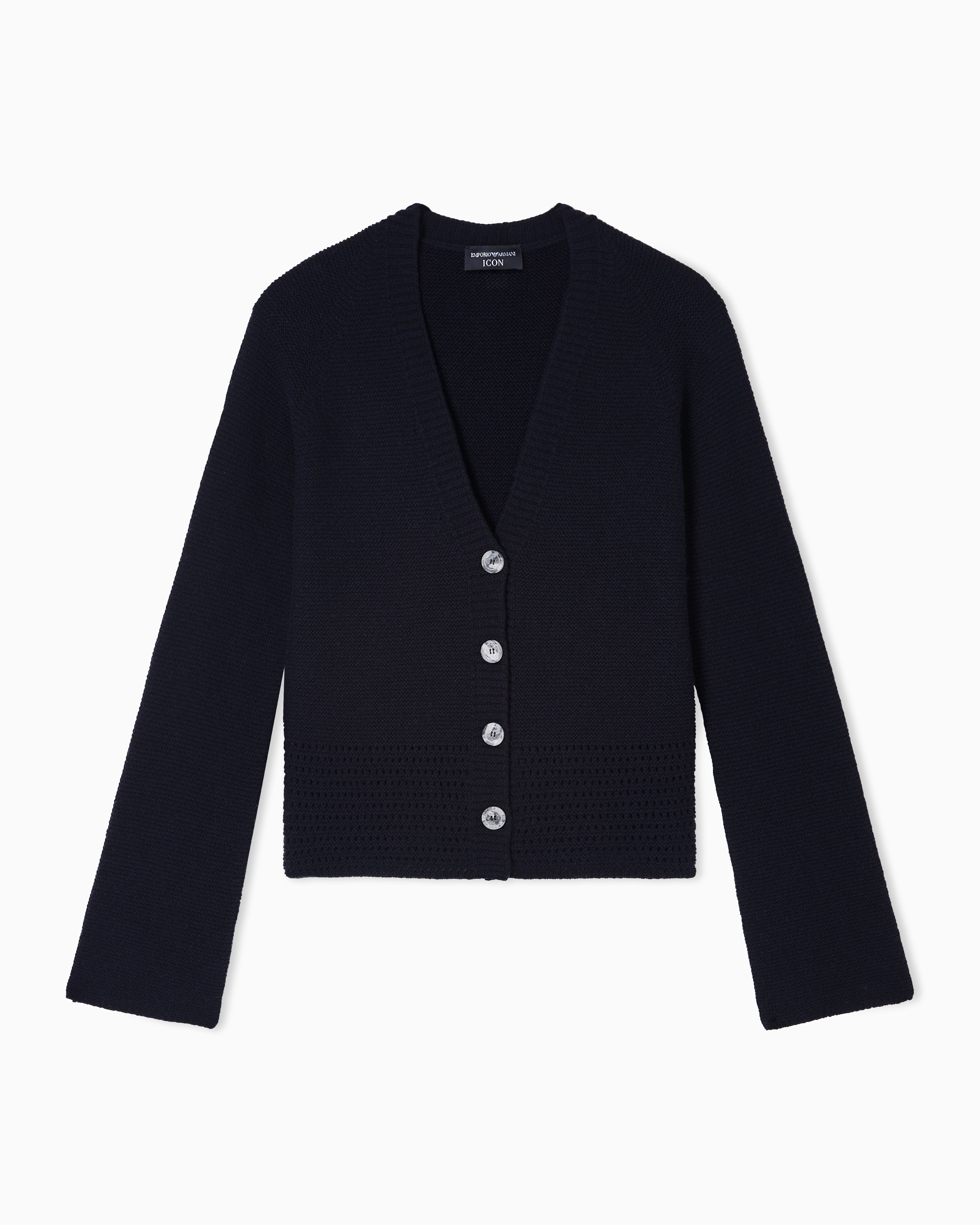 Emporio Armani Icon V-neck cardigan in links-stitch wool with openwork