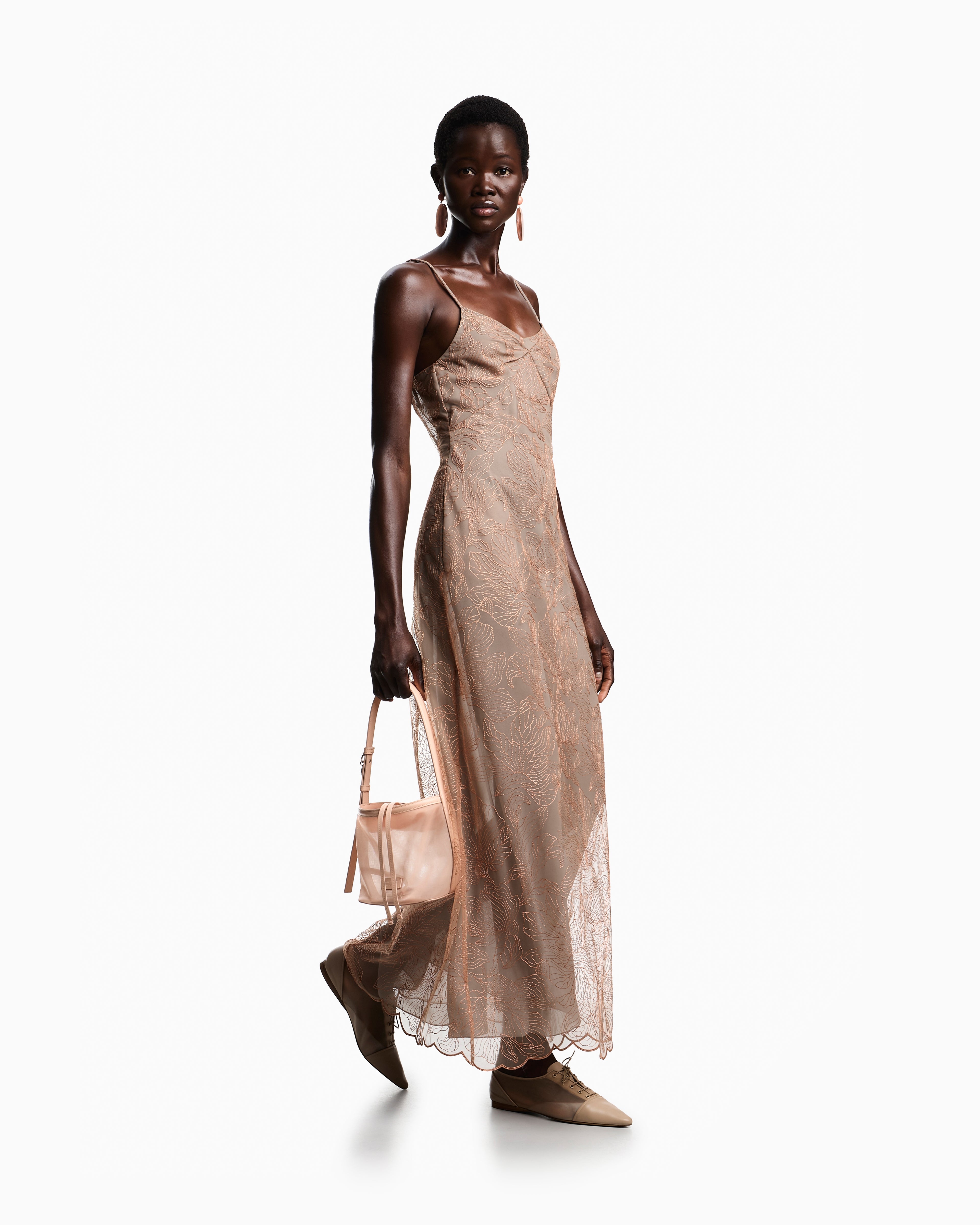 Emporio Armani Long dress in embroidered tulle with embossed lurex flower pattern