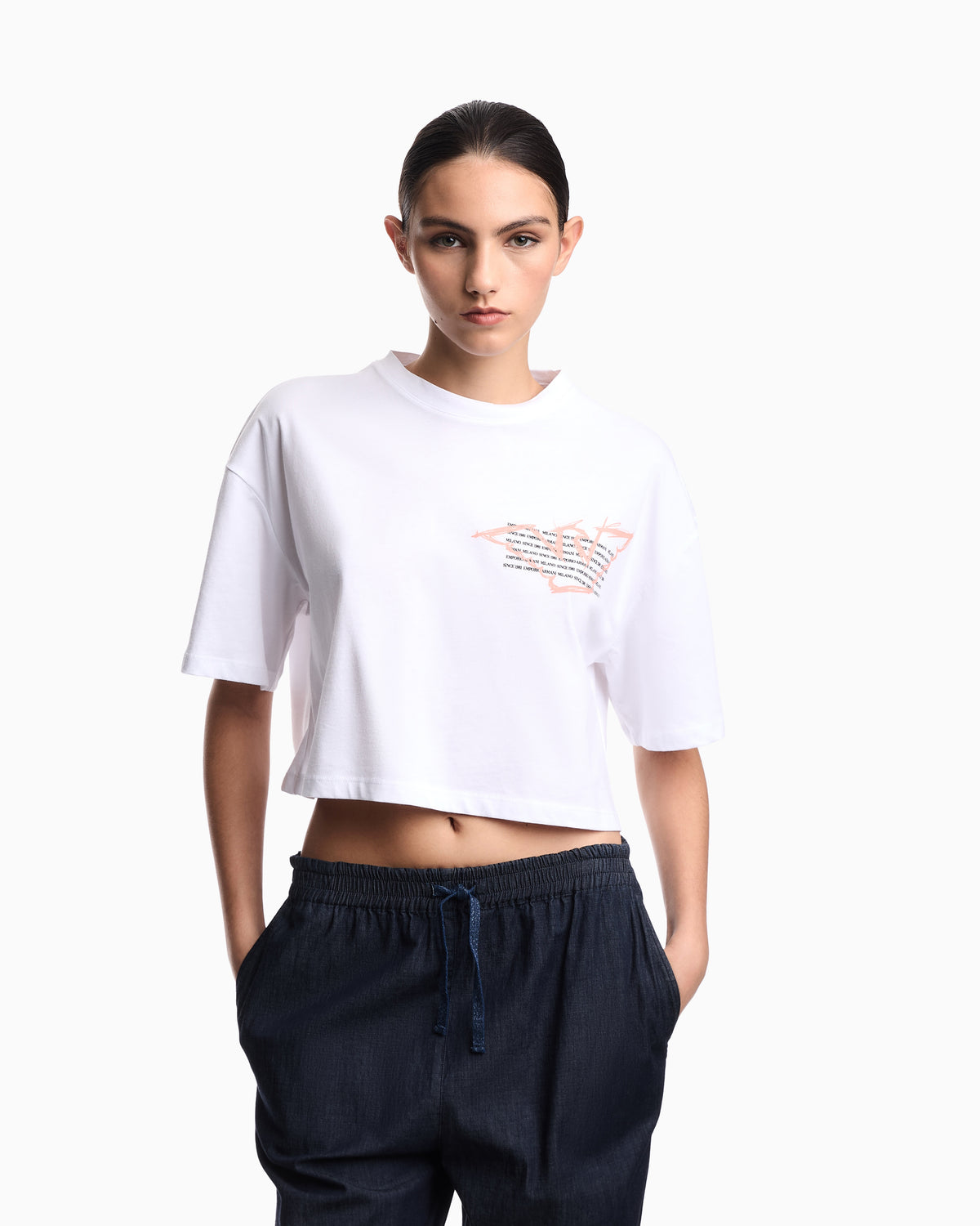 Emporio Armani Cropped jersey T-shirt with eagle print