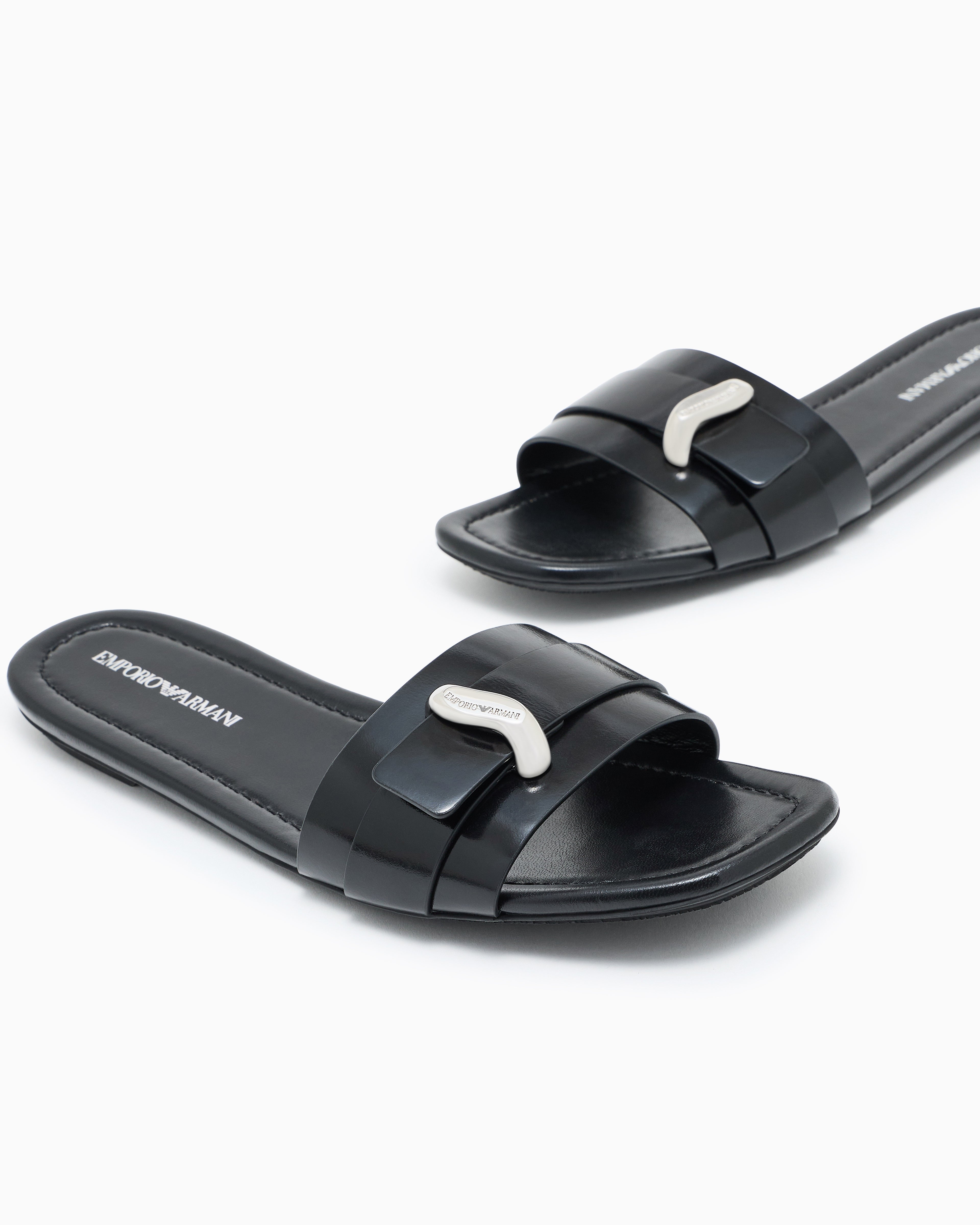 Emporio Armani Shiny Polished Leather Band Sandals Black