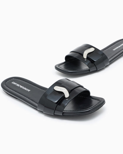 Emporio Armani Shiny Polished Leather Band Sandals Black