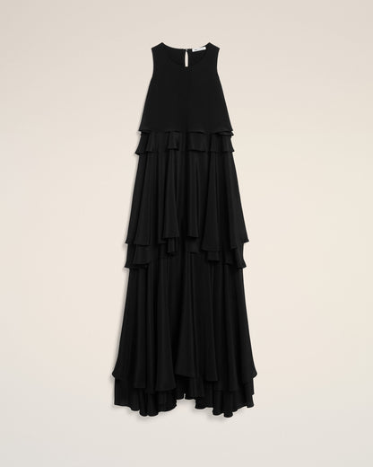 AmiParis Black Blended Silk Long Dress With Ruffles Women's