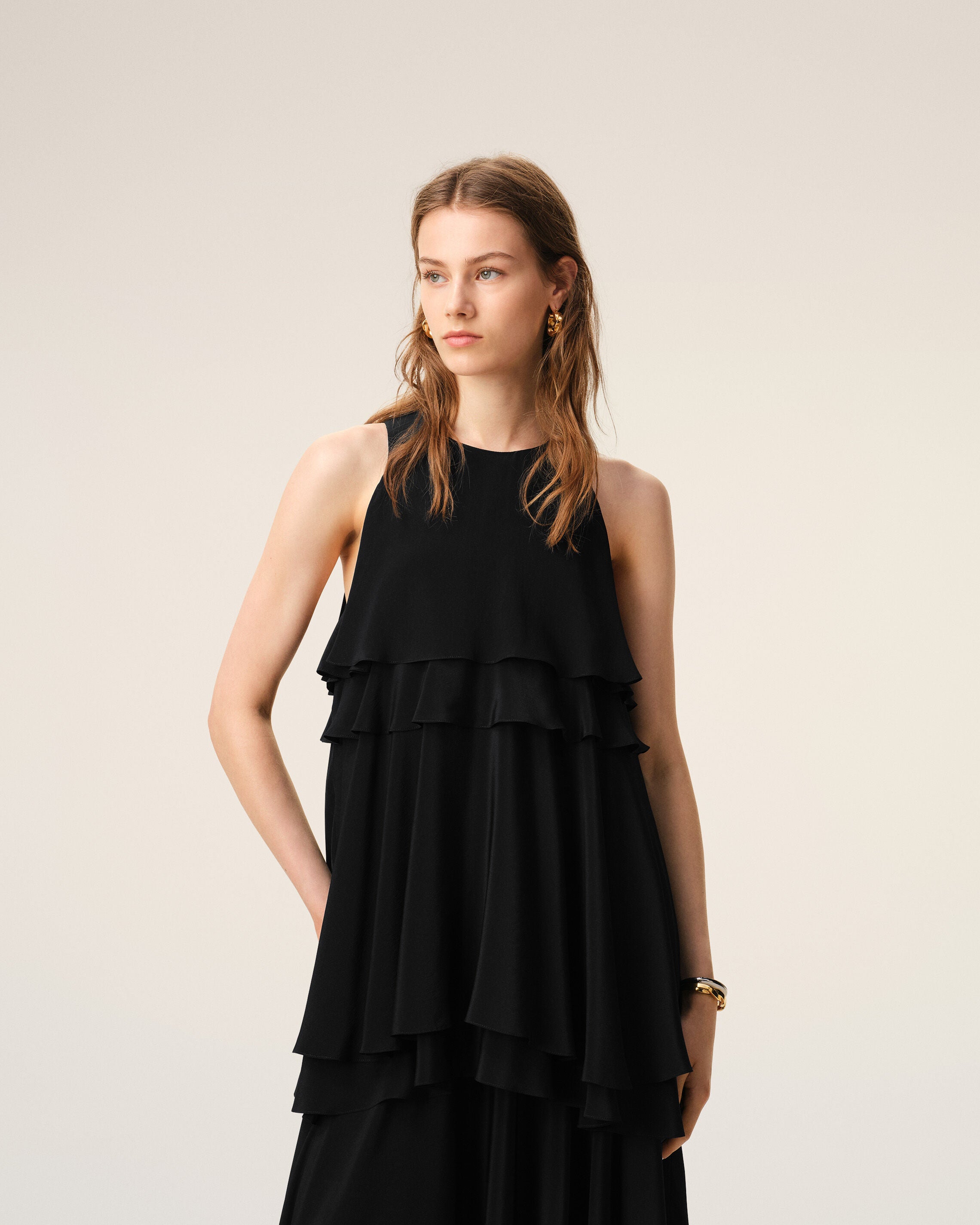 AmiParis Black Blended Silk Long Dress With Ruffles Women's