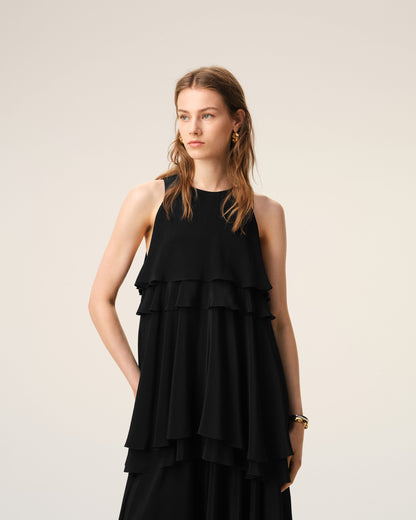 AmiParis Black Blended Silk Long Dress With Ruffles Women's