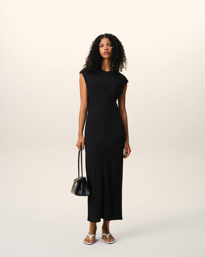 AmiParis Black Jersey Sleeveless Fitted Long  Dress Women's