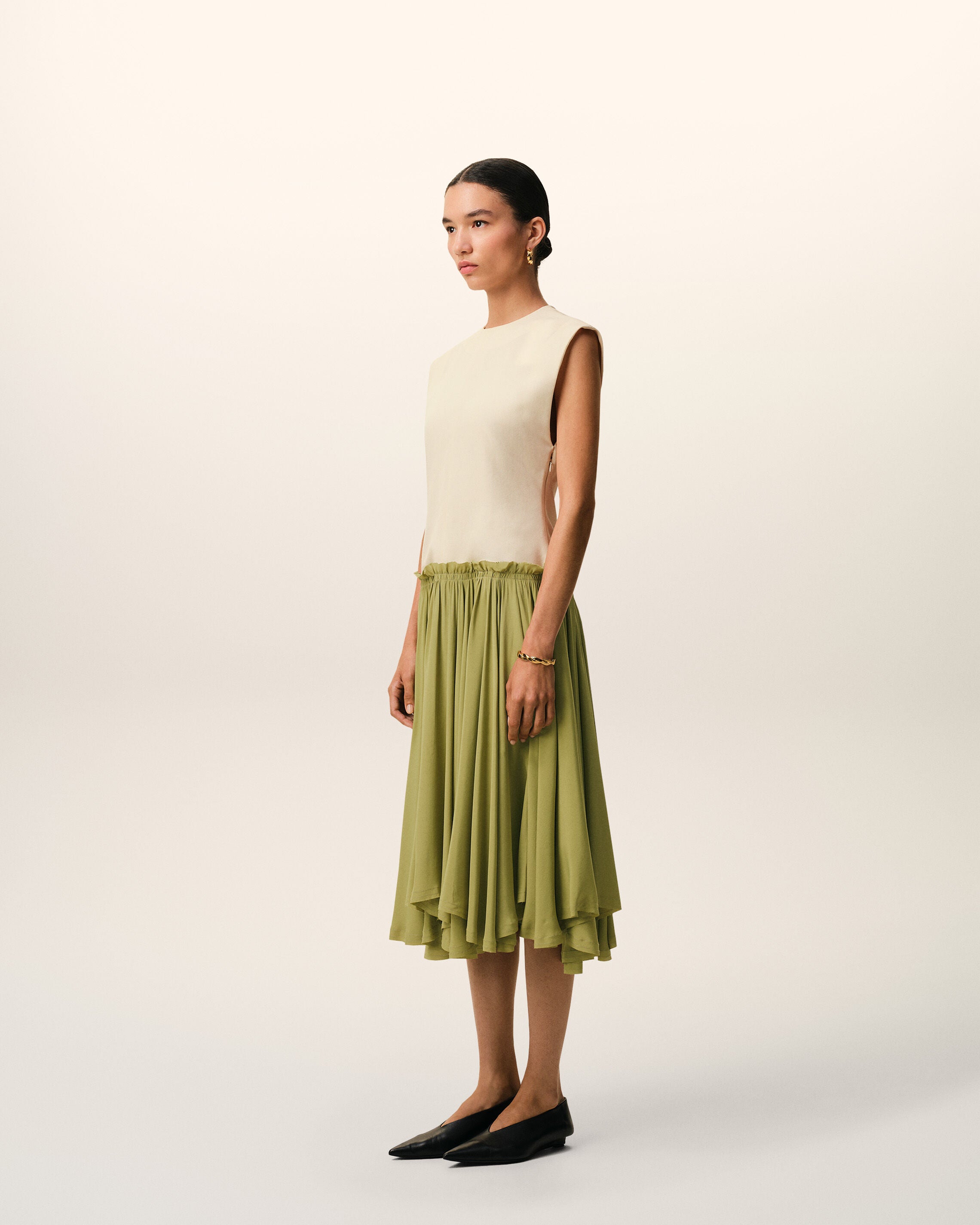 AmiParis White And Green Bicolor New Wool Midi Dress Women's