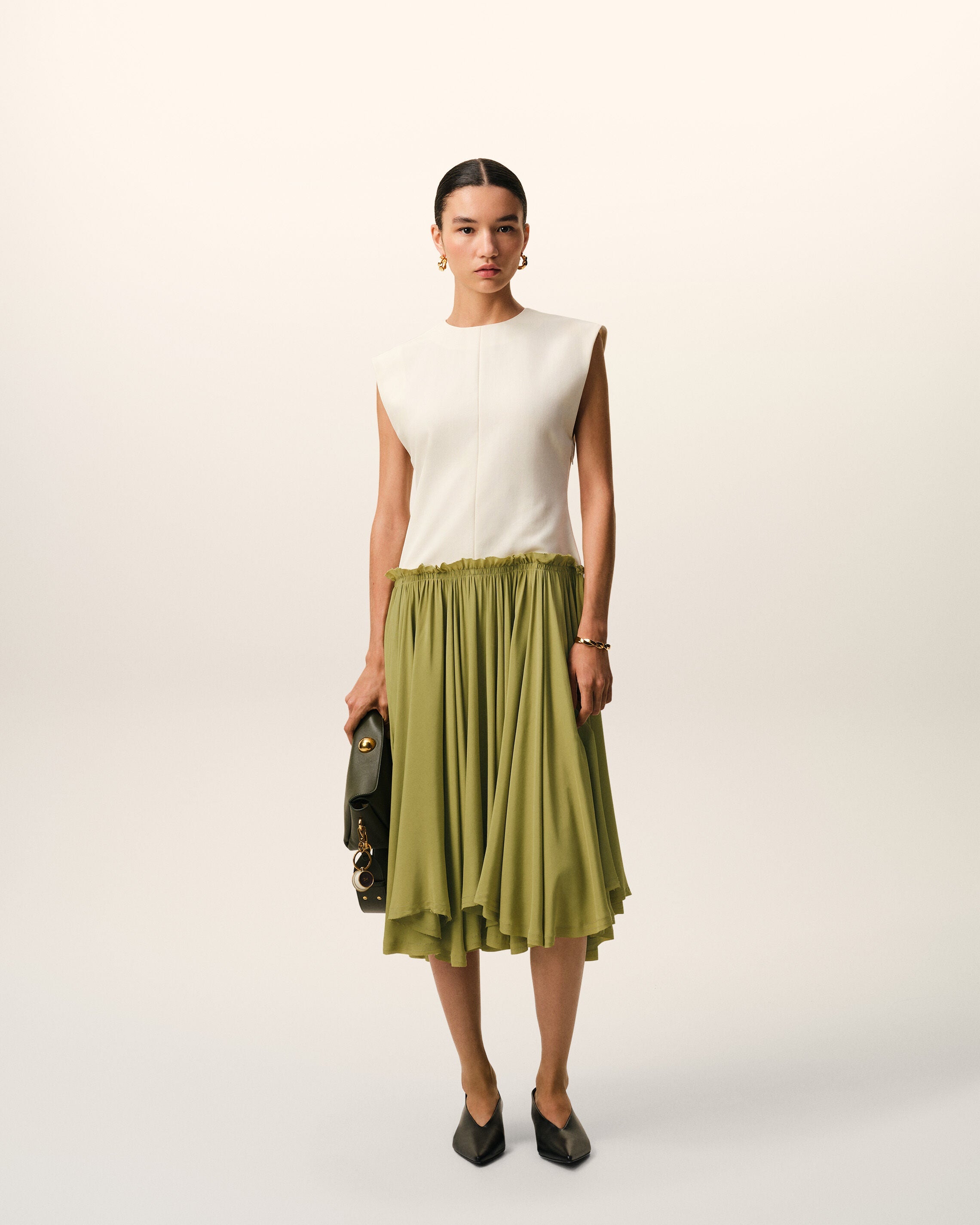 AmiParis White And Green Bicolor New Wool Midi Dress Women's