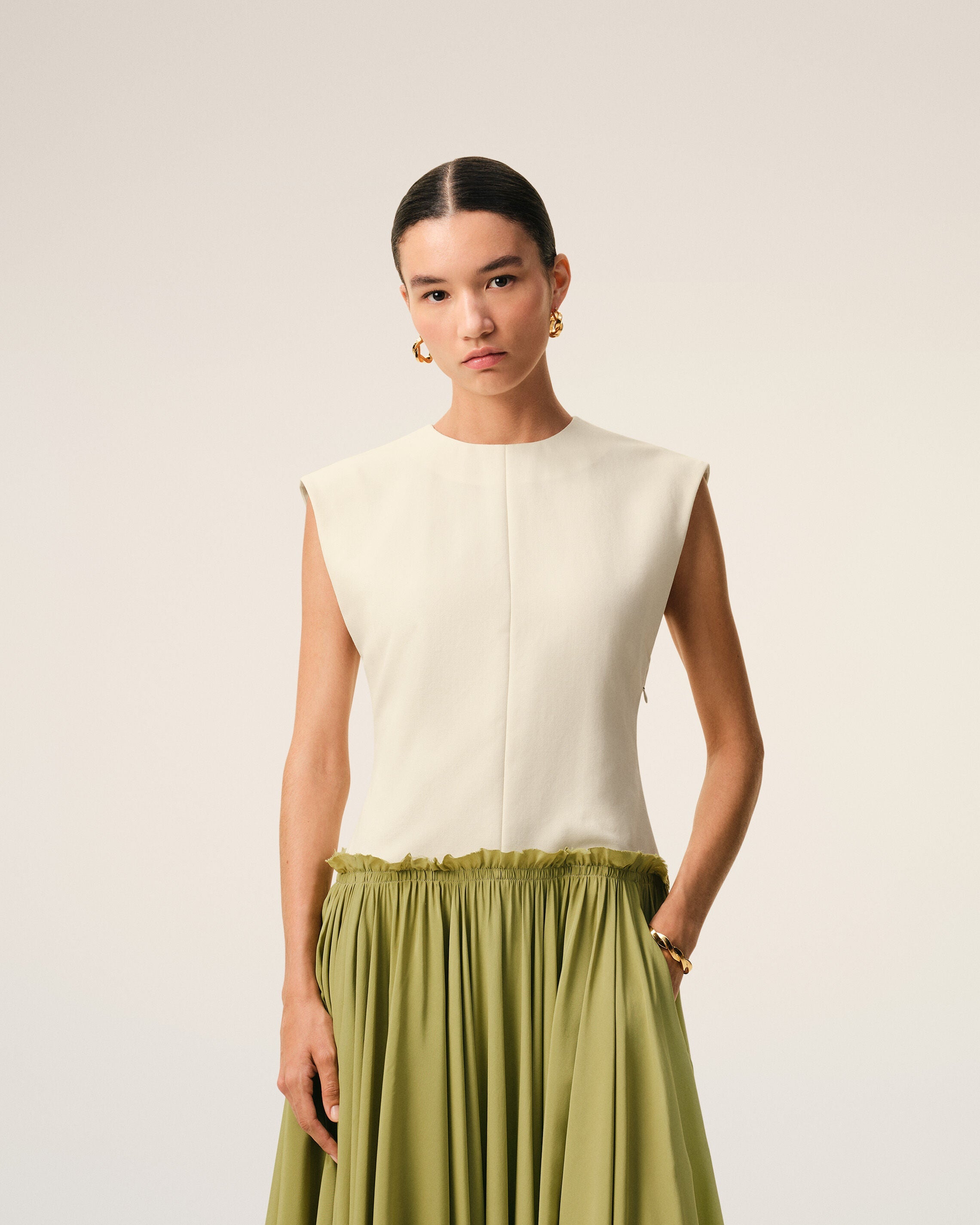 AmiParis White And Green Bicolor New Wool Midi Dress Women's