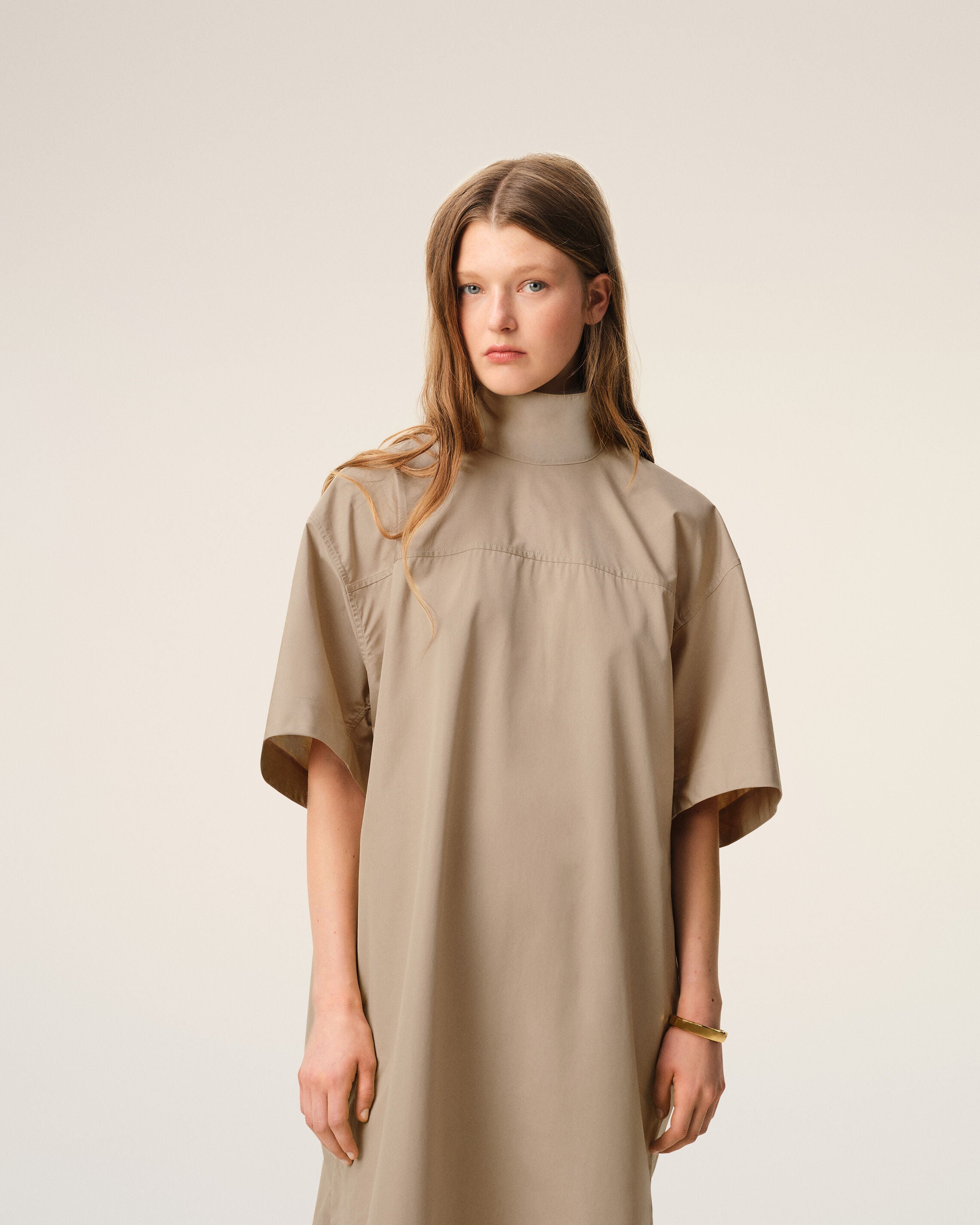 AmiParis Beige Cotton Stand Up Collar Buttoned Dress Women's