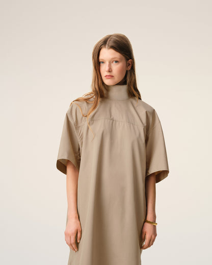 AmiParis Beige Cotton Stand Up Collar Buttoned Dress Women's