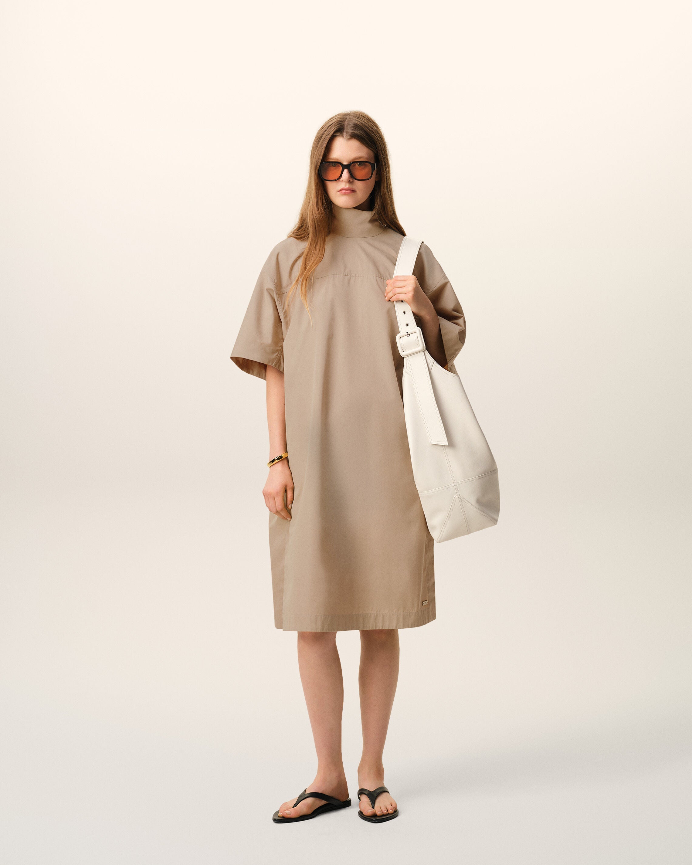 AmiParis Beige Cotton Stand Up Collar Buttoned Dress Women's