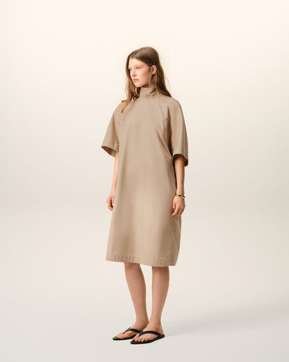 AmiParis Beige Cotton Stand Up Collar Buttoned Dress Women's