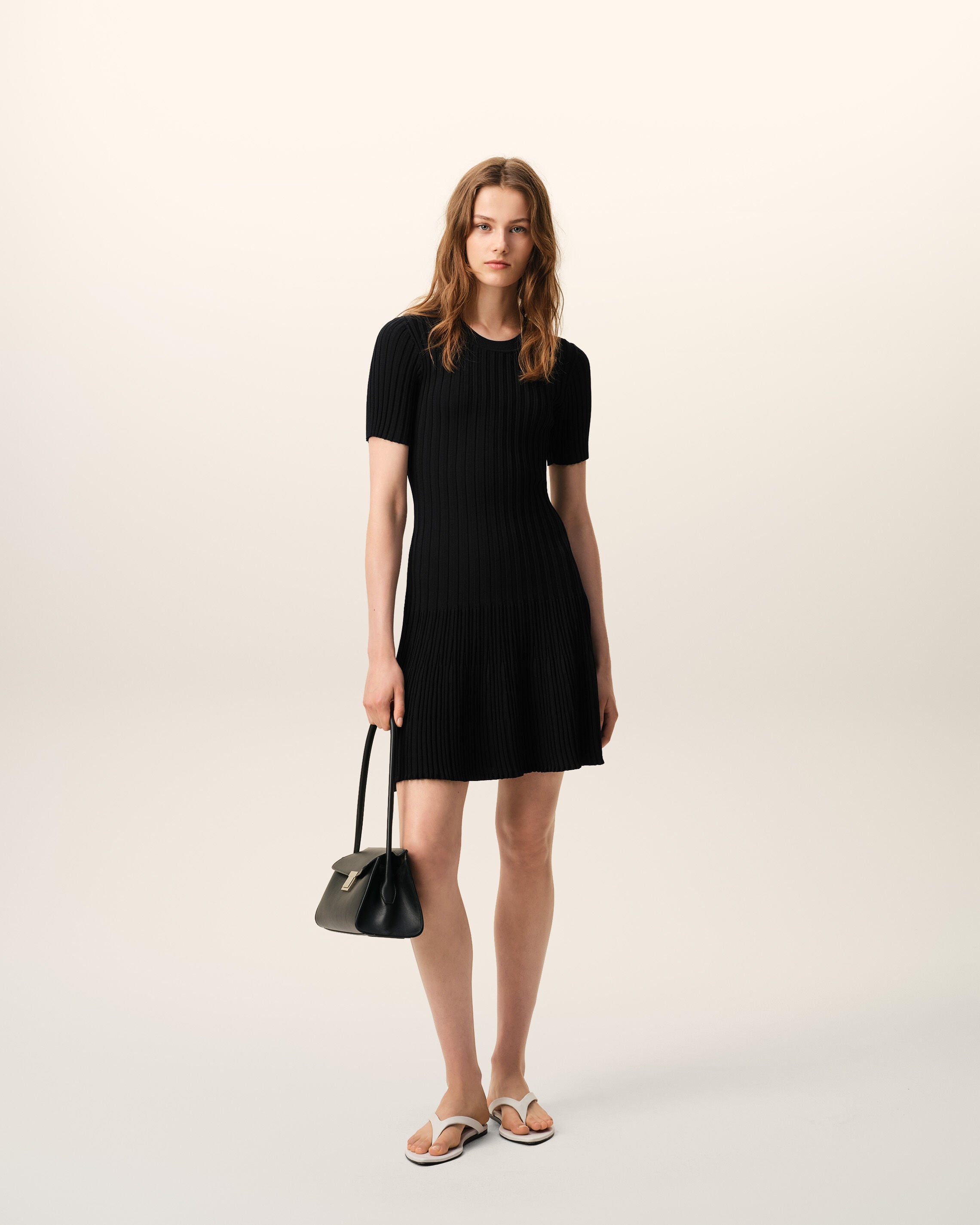 AmiParis Black Knit Mini Godet Dress Women's