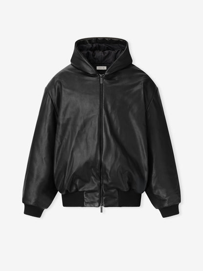 Essentials Leather Hooded Bomber Jacket Black