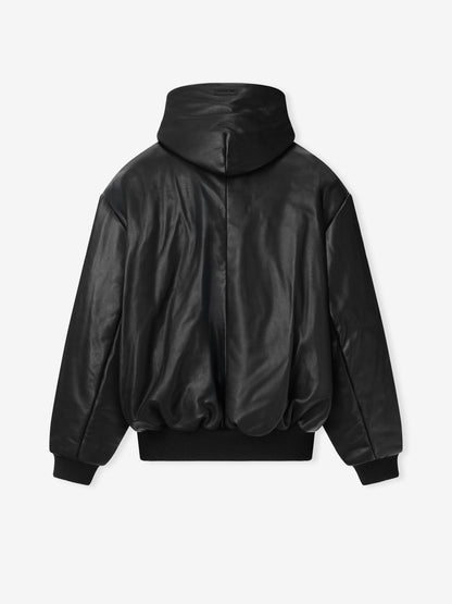 Essentials Leather Hooded Bomber Jacket Black