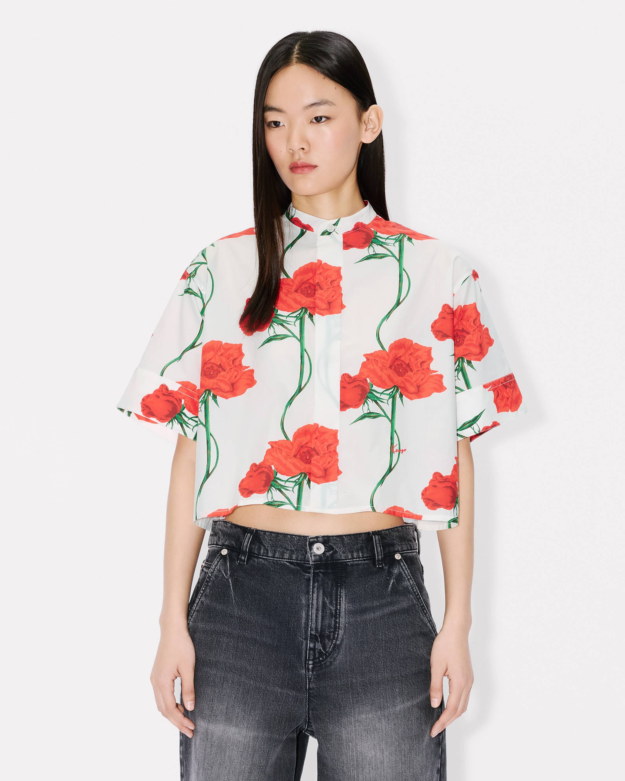 Kenzo Archive Rose Short Sleeve Shirt In Cotton Poplin Women's