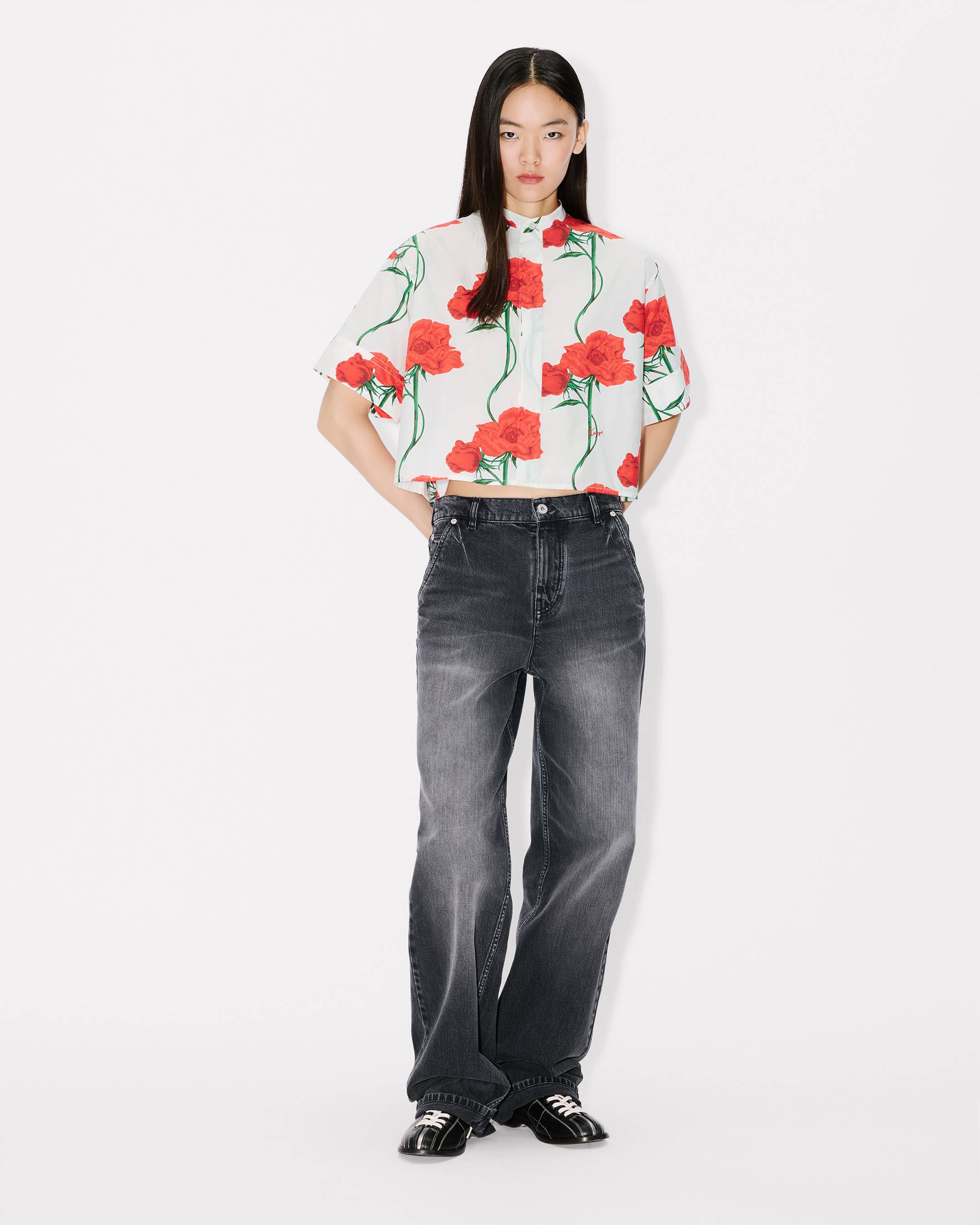 Kenzo Archive Rose Short Sleeve Shirt In Cotton Poplin Women's