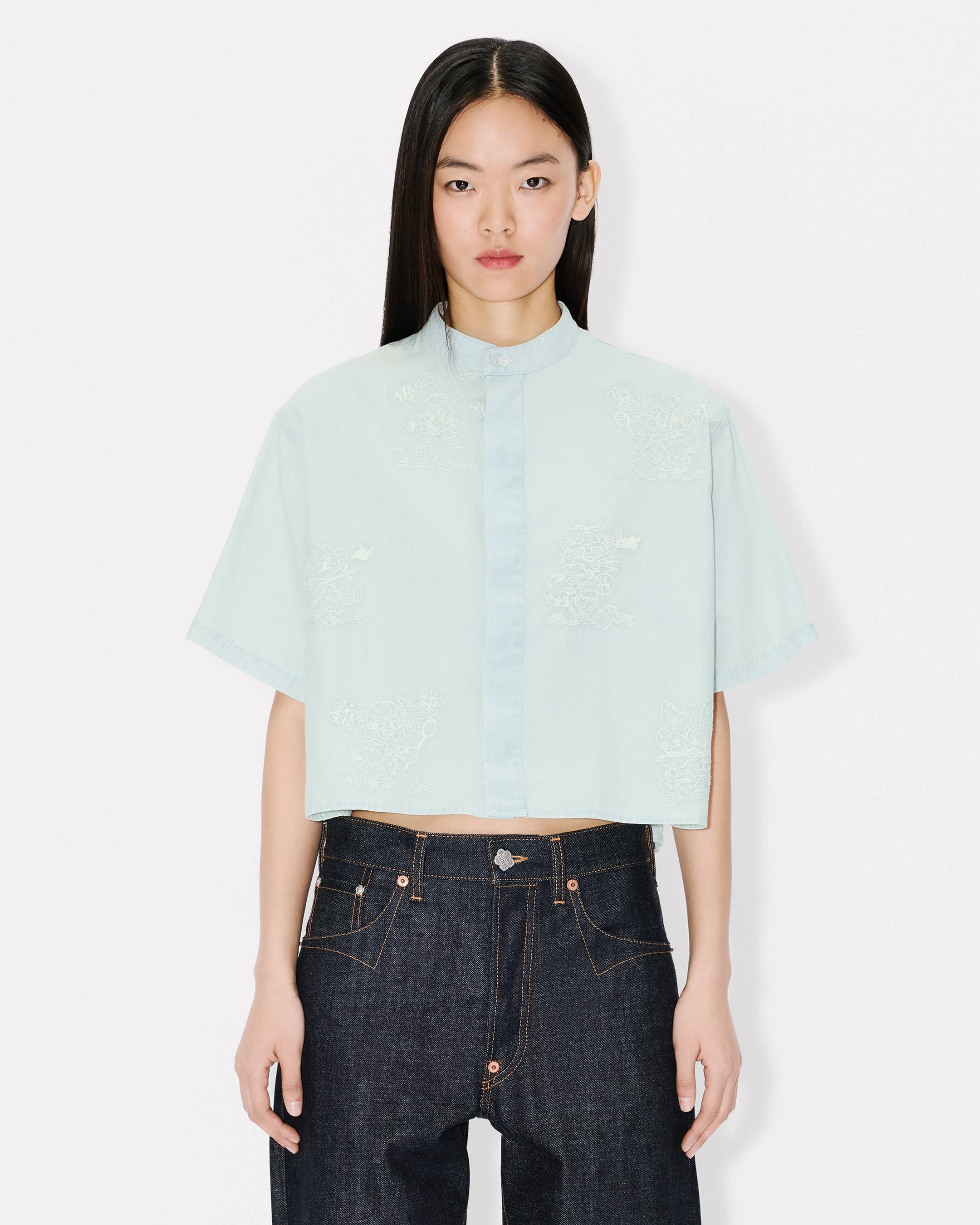 Kenzo Cartoon Embroidered Short Sleeve Shirt In Stone Bleach Chambray Women's