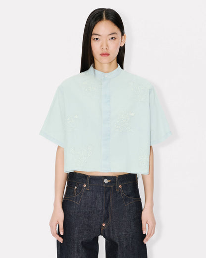 Kenzo Cartoon Embroidered Short Sleeve Shirt In Stone Bleach Chambray Women's