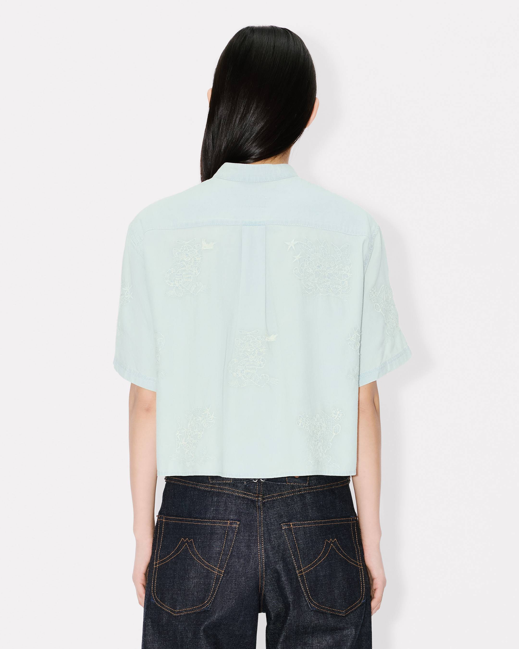 Kenzo Cartoon Embroidered Short Sleeve Shirt In Stone Bleach Chambray Women's