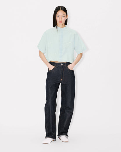 Kenzo Cartoon Embroidered Short Sleeve Shirt In Stone Bleach Chambray Women's