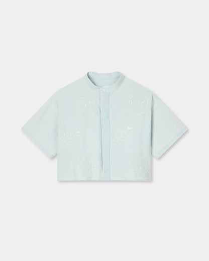 Kenzo Cartoon Embroidered Short Sleeve Shirt In Stone Bleach Chambray Women's