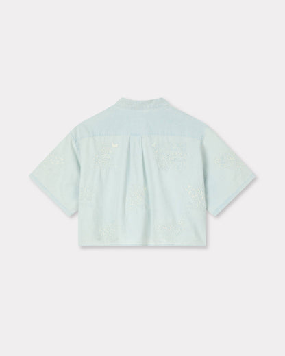 Kenzo Cartoon Embroidered Short Sleeve Shirt In Stone Bleach Chambray Women's
