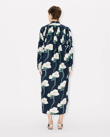 Kenzo Archive Rose Oversized Pleated Long Dress In Coton And Slik Women's
