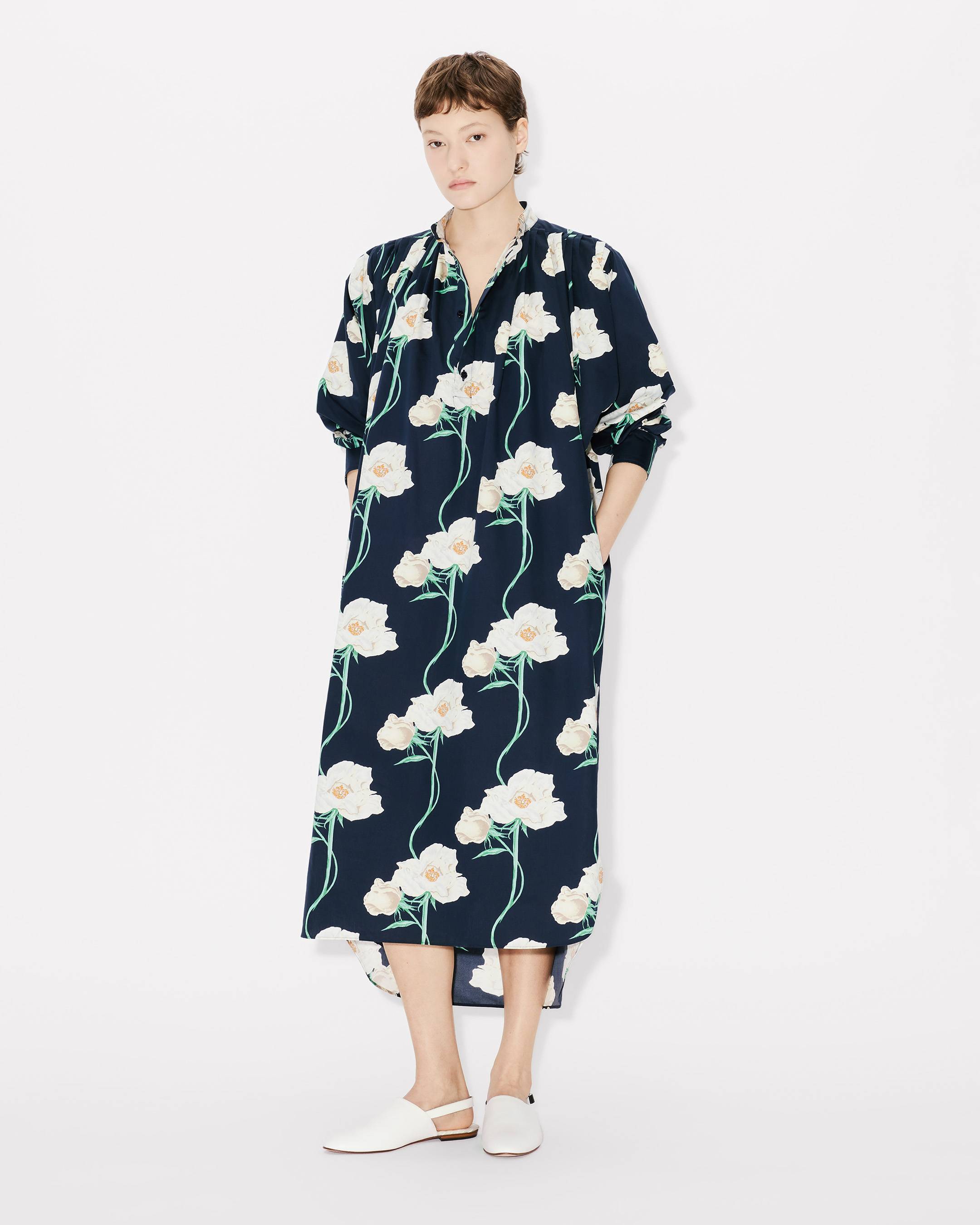 Kenzo Archive Rose Oversized Pleated Long Dress In Coton And Slik Women's
