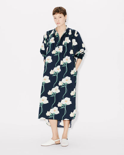 Kenzo Archive Rose Oversized Pleated Long Dress In Coton And Slik Women's