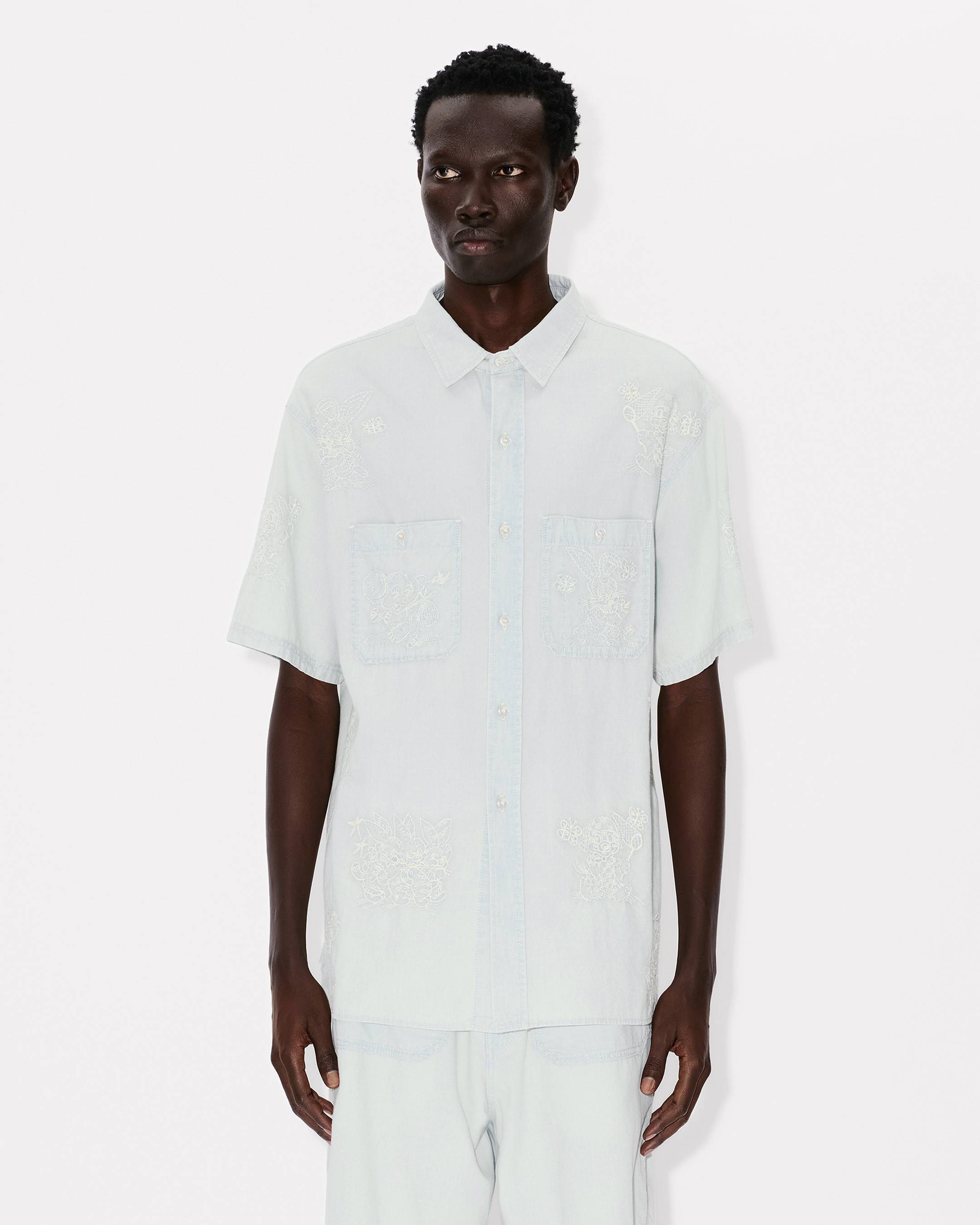 Kenzo Cartoon Embroidered Short Sleeve Shirt In Stone Bleach Chambray