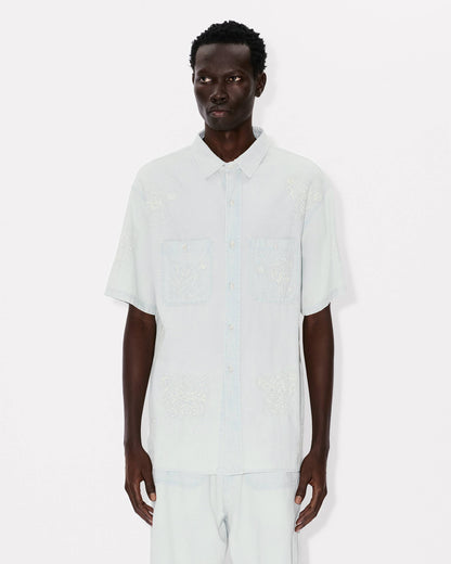Kenzo Cartoon Embroidered Short Sleeve Shirt In Stone Bleach Chambray