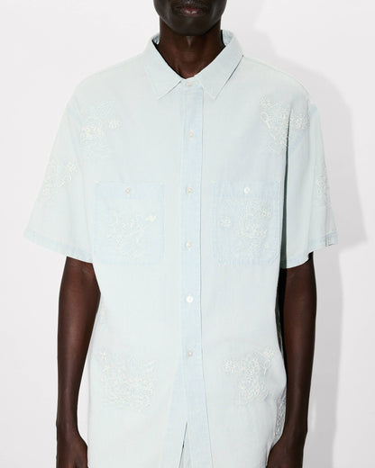 Kenzo Cartoon Embroidered Short Sleeve Shirt In Stone Bleach Chambray