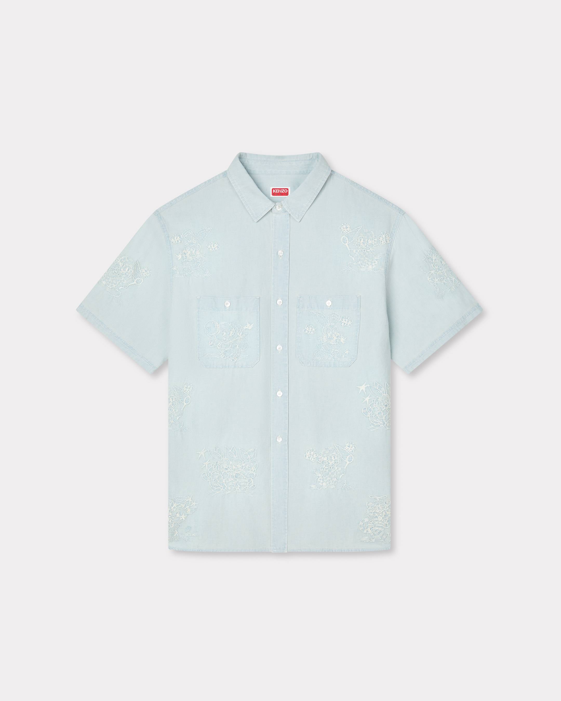 Kenzo Cartoon Embroidered Short Sleeve Shirt In Stone Bleach Chambray