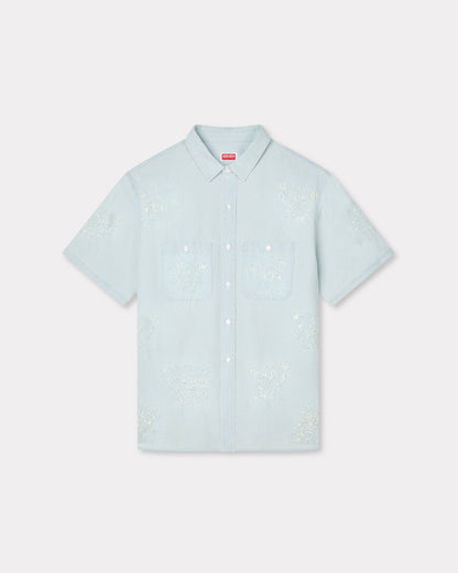 Kenzo Cartoon Embroidered Short Sleeve Shirt In Stone Bleach Chambray