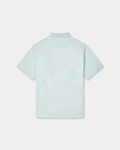 Kenzo Cartoon Embroidered Short Sleeve Shirt In Stone Bleach Chambray