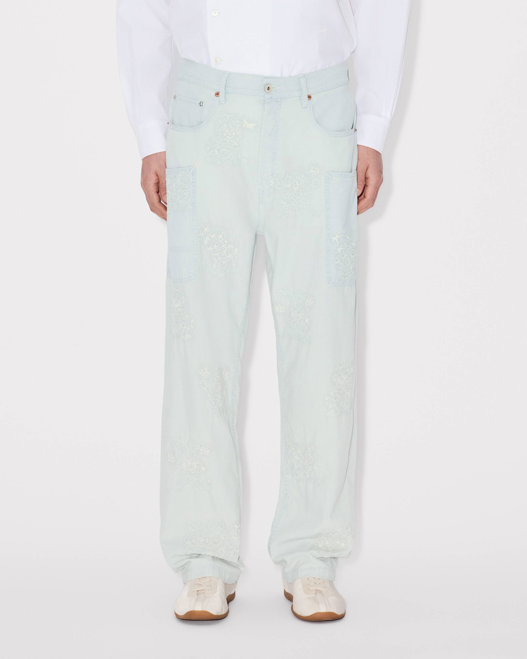 Kenzo Cartoon Embroidered Cargo Monkey Fit Jeans In Stone Bleach Chambray