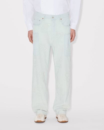 Kenzo Cartoon Embroidered Cargo Monkey Fit Jeans In Stone Bleach Chambray