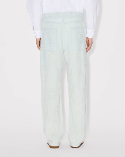 Kenzo Cartoon Embroidered Cargo Monkey Fit Jeans In Stone Bleach Chambray