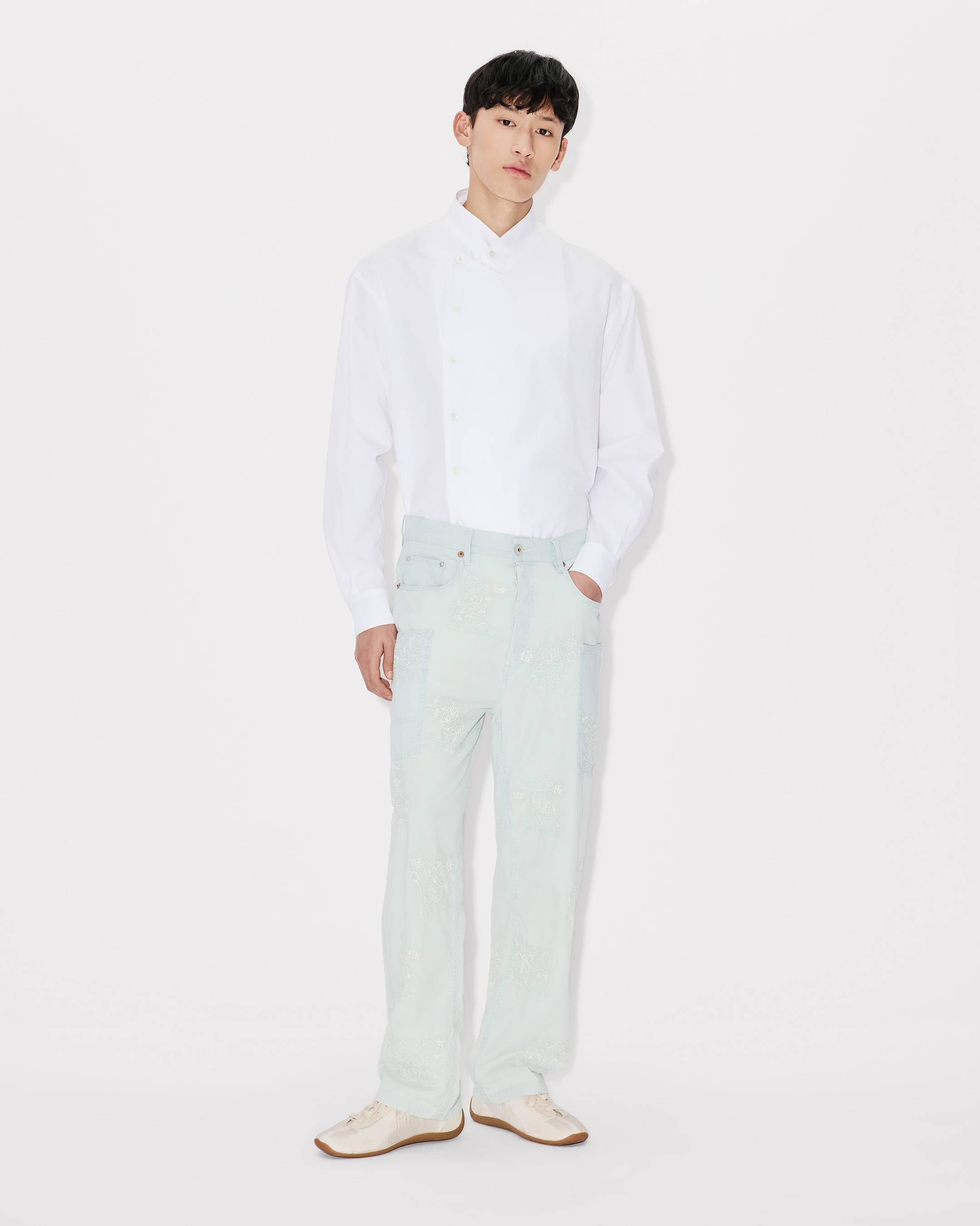 Kenzo Cartoon Embroidered Cargo Monkey Fit Jeans In Stone Bleach Chambray
