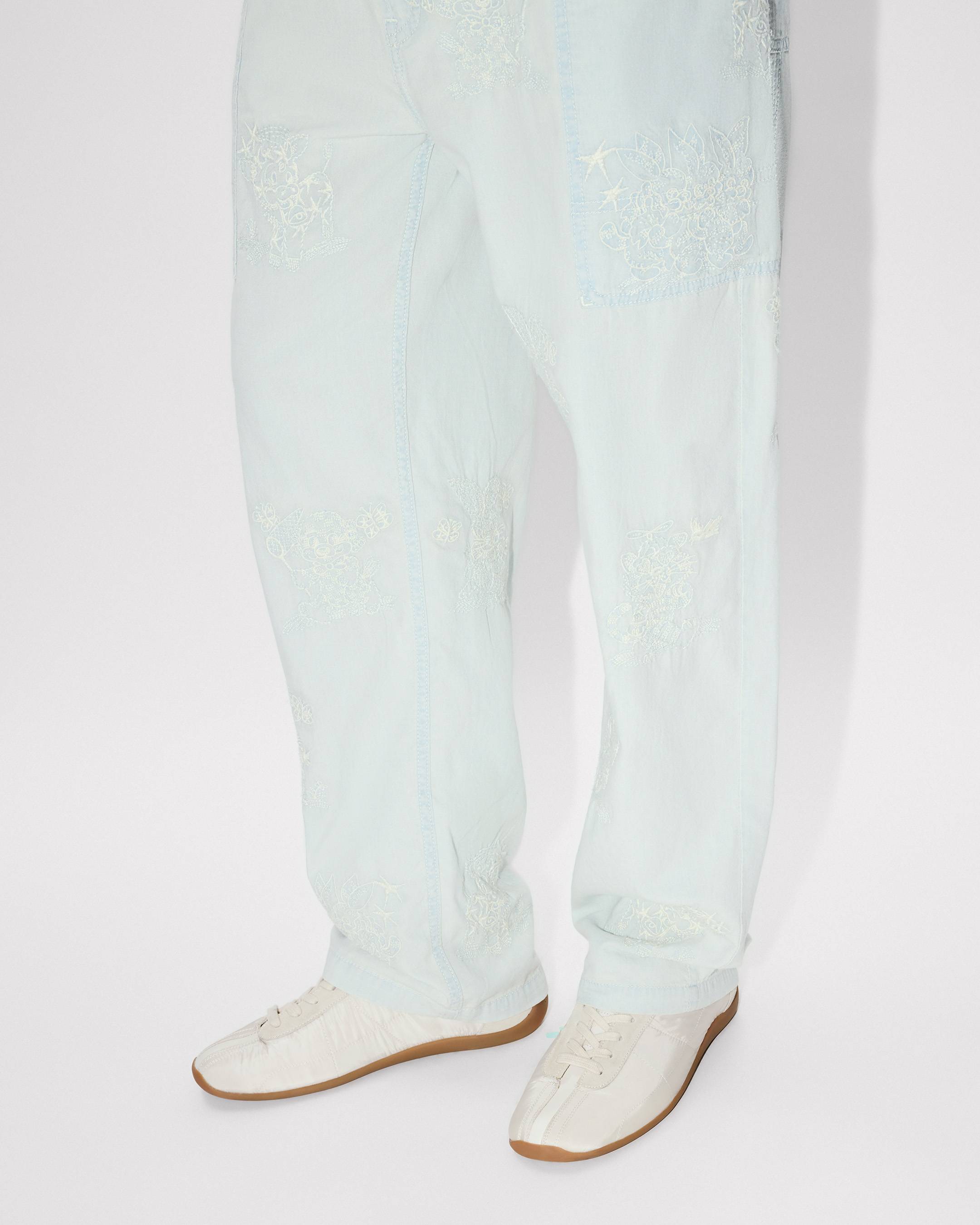 Kenzo Cartoon Embroidered Cargo Monkey Fit Jeans In Stone Bleach Chambray
