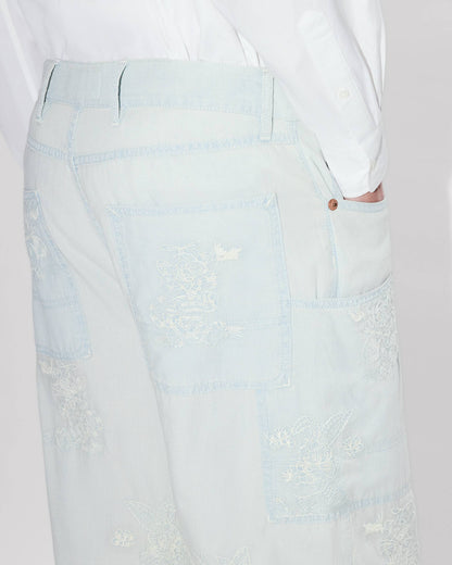 Kenzo Cartoon Embroidered Cargo Monkey Fit Jeans In Stone Bleach Chambray