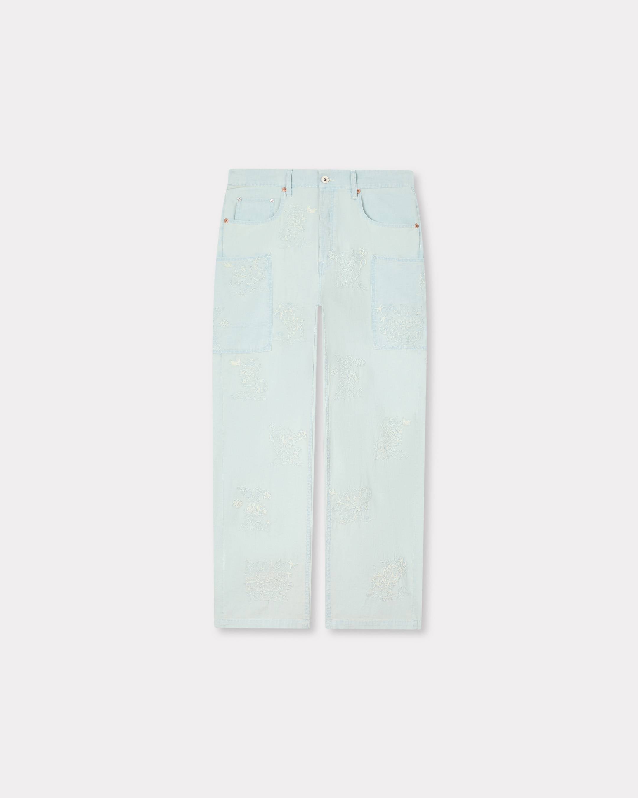 Kenzo Cartoon Embroidered Cargo Monkey Fit Jeans In Stone Bleach Chambray