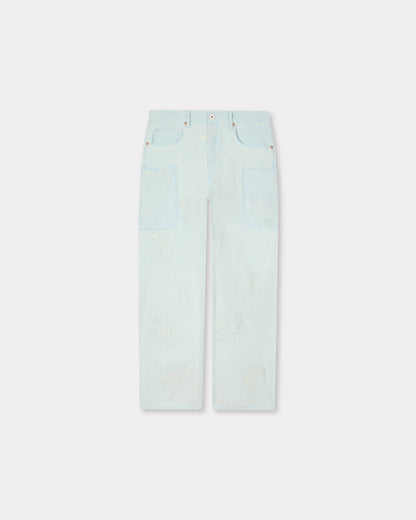Kenzo Cartoon Embroidered Cargo Monkey Fit Jeans In Stone Bleach Chambray