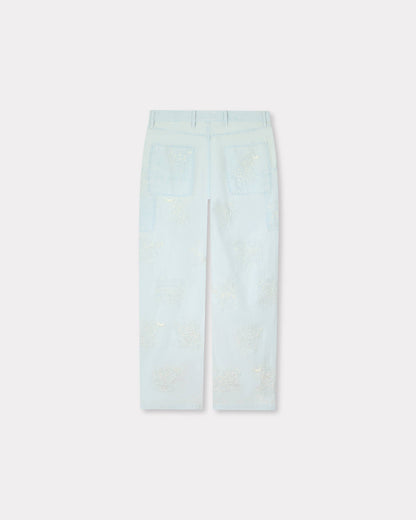 Kenzo Cartoon Embroidered Cargo Monkey Fit Jeans In Stone Bleach Chambray