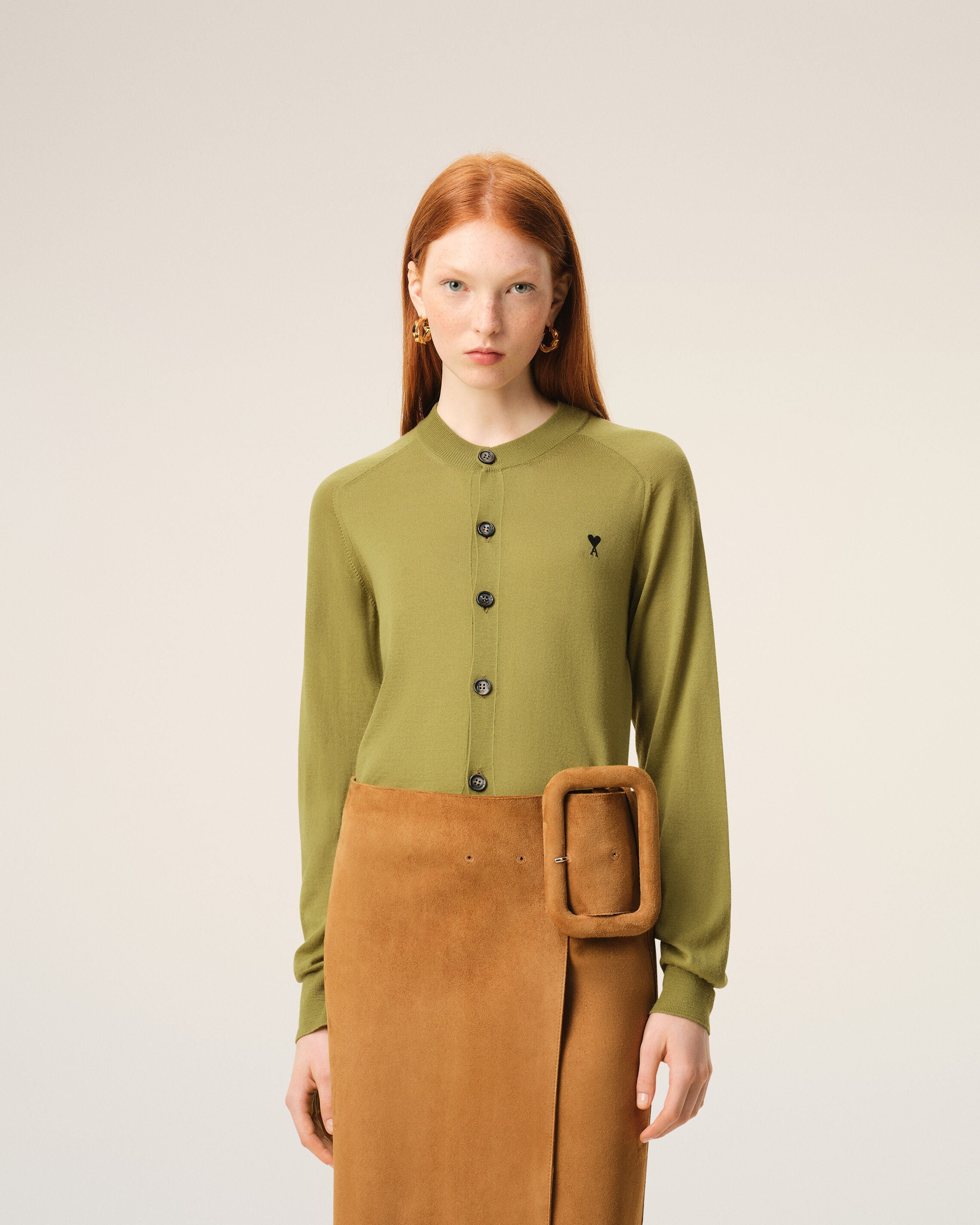 Green Wool Crewneck Ami De Coeur Cardigan Women's