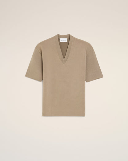 AmiParis Beige Wool Short Sleeves V Neck Sweater Women's