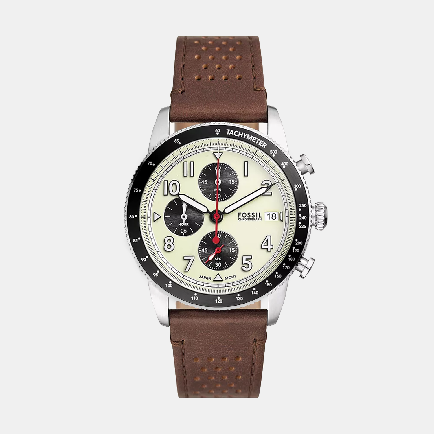 Fossil Sport Tourer Men Quartz Cream Dial Chronograph Leather Watch Fs6042