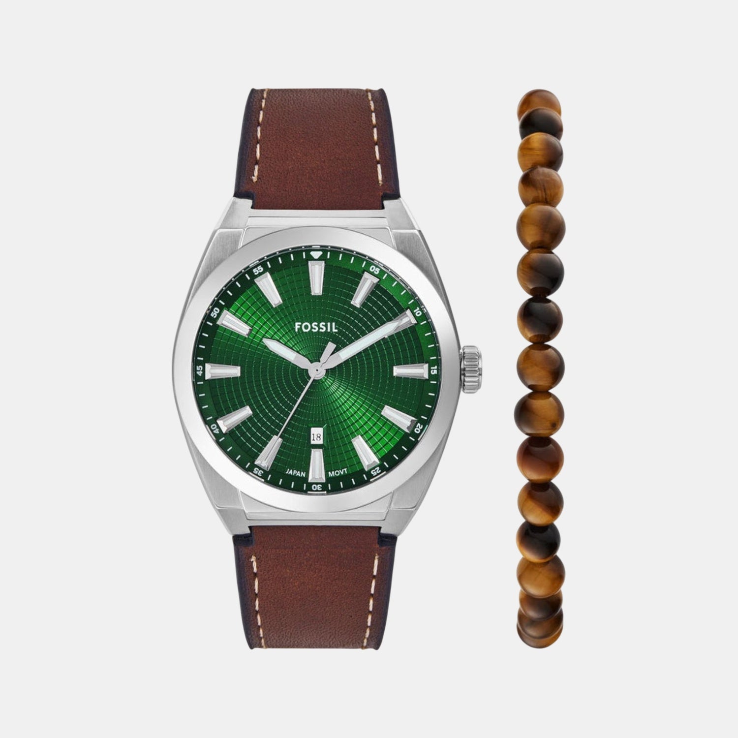 Fossil Everett Men Quartz Green Dial Analog Leather Watch Fs6080Set